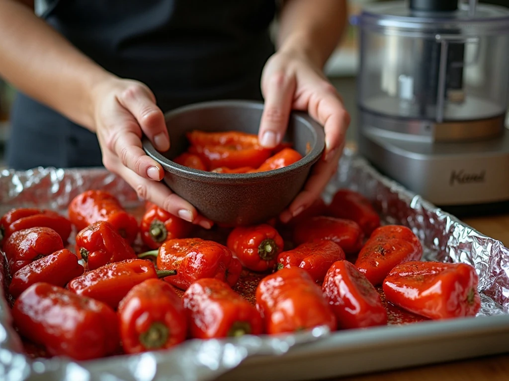 Peeling steamed roasted red peppers for a creamy dip