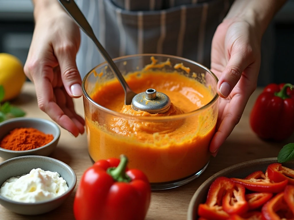 Blending drained roasted peppers and softened cream cheese for a smooth dip