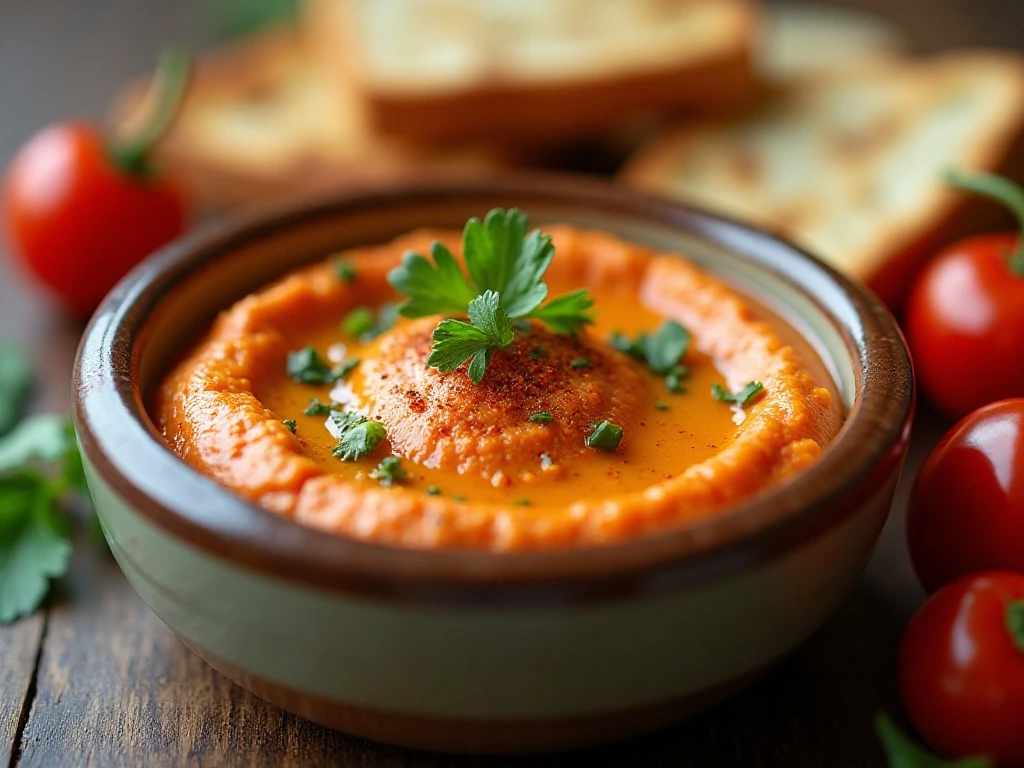 Roasted red pepper dip garnished with parsley, olive oil, and smoked paprika