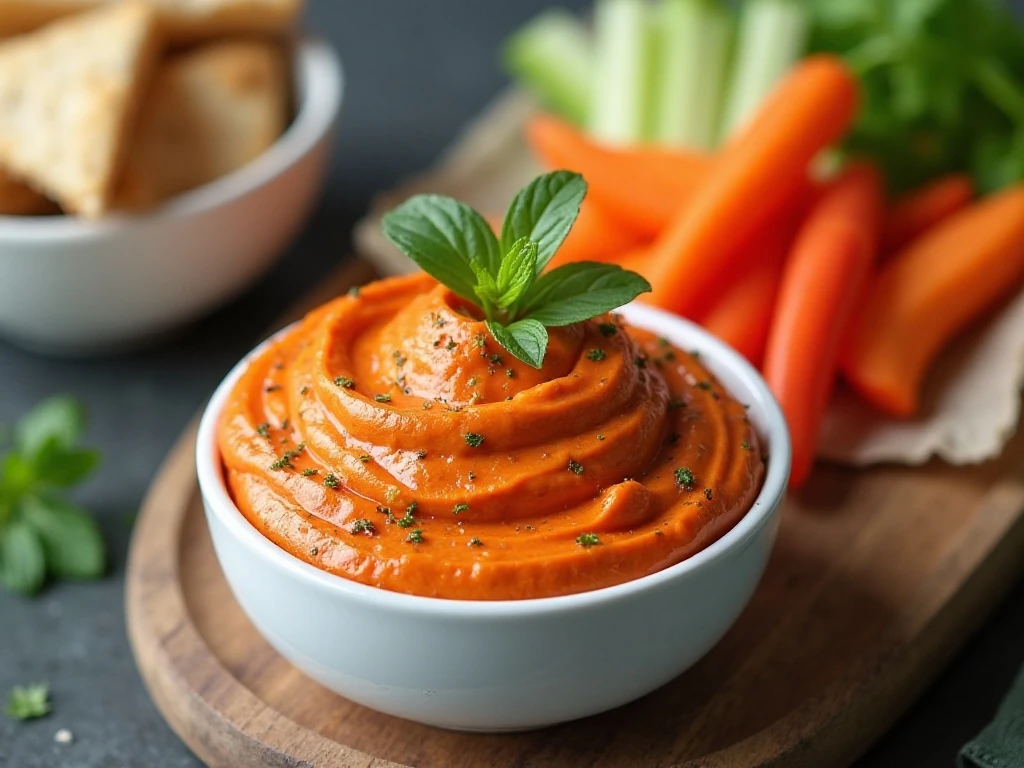 Chilled creamy roasted red pepper dip ready for make-ahead serving