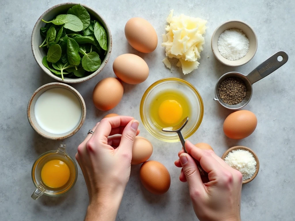 Ingredients for creamy spinach and egg breakfast casserole