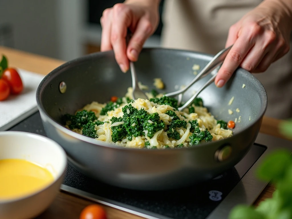 Preparing spinach and onion for an egg breakfast casserole
