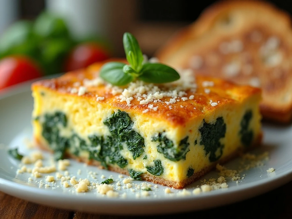 Close-up slice of creamy spinach and egg casserole with Parmesan