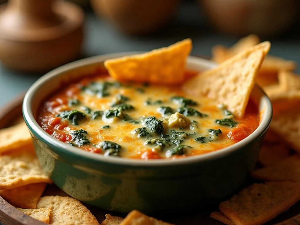 Hot creamy Sriracha spinach artichoke dip served with chips and toasted baguette