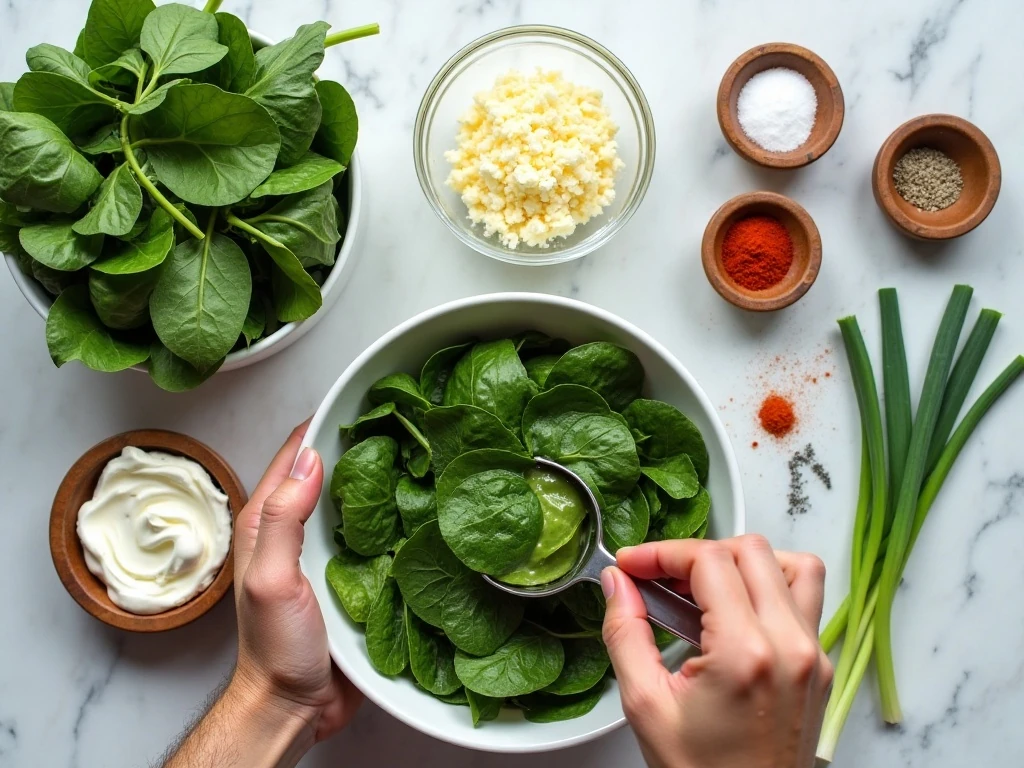 Ingredients for creamy Sriracha spinach artichoke dip arranged for cooking