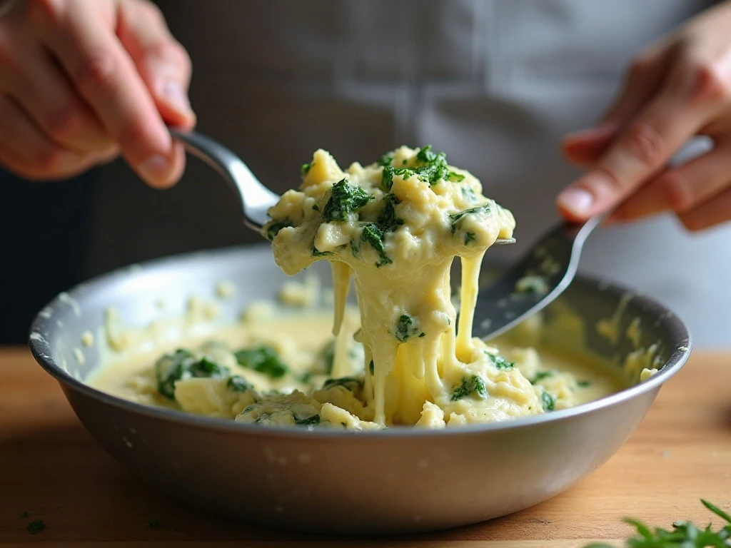 Mixing spinach and artichokes into the creamy dip mixture