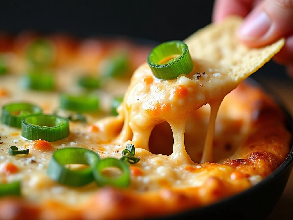 Close-up of cheesy Sriracha spinach artichoke dip with green onion garnish