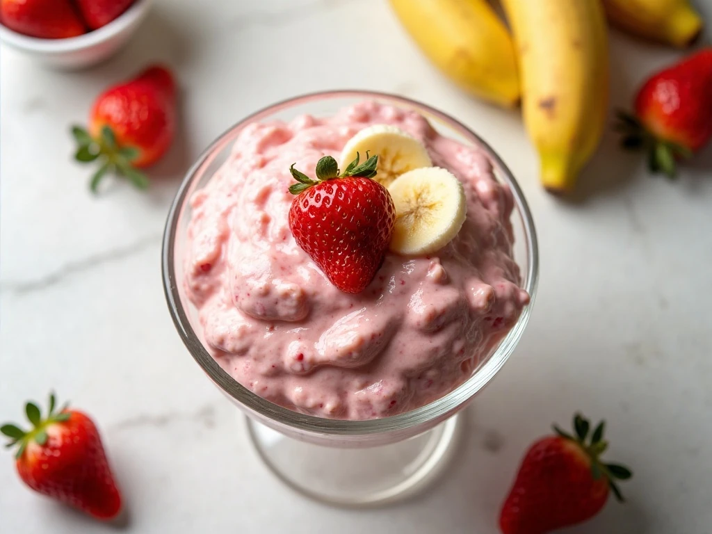 Creamy strawberry banana salad served in a glass bowl