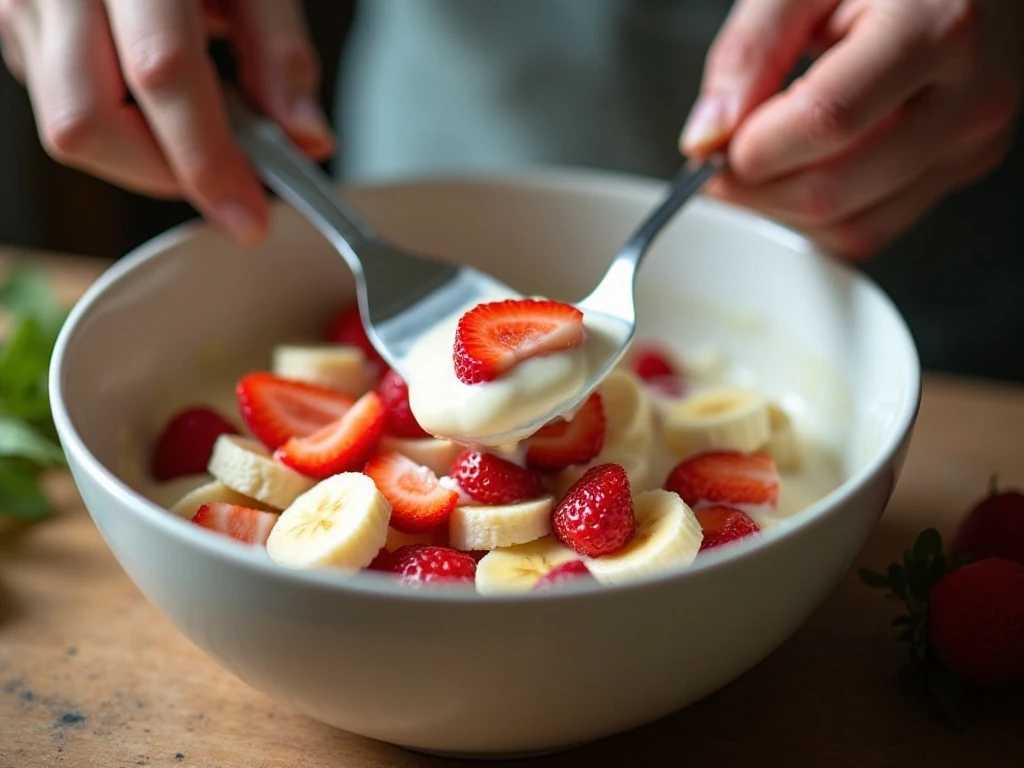 Folding fruit into creamy salad dressing