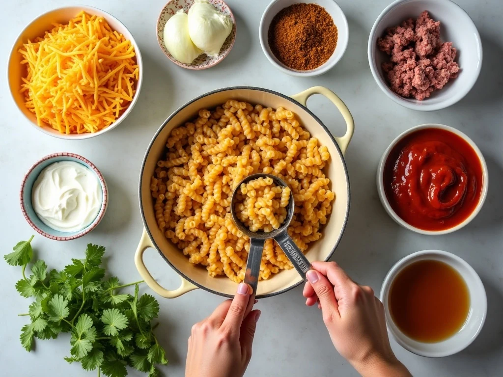 Ingredients for creamy taco pasta bake arranged for cooking