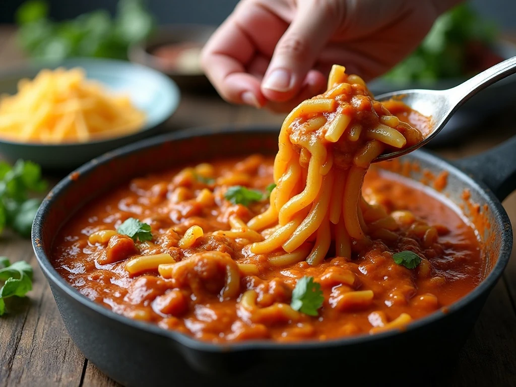 Short pasta being combined with creamy taco beef sauce