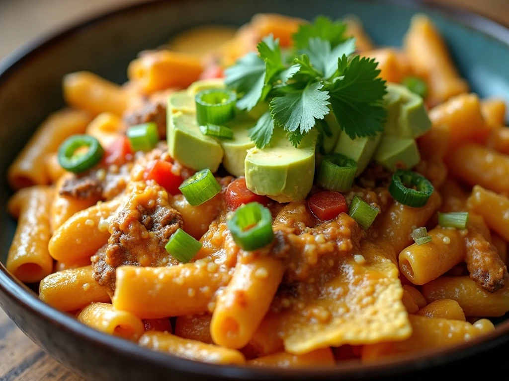 Creamy taco pasta bake topped with fresh taco garnishes