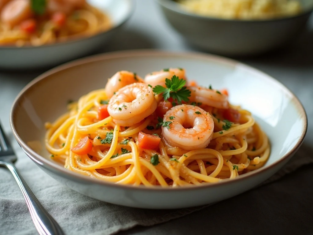 Creamy tomato shrimp served over spaghetti squash with parsley