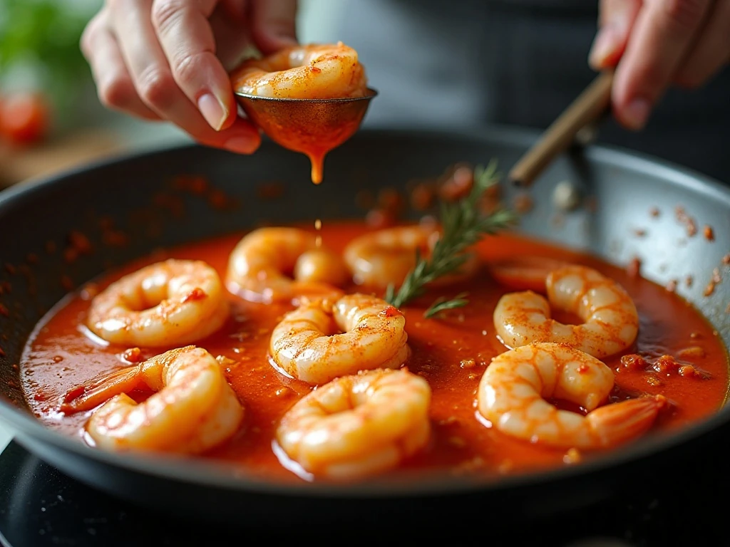 Shrimp and creamy tomato sauce cooking in a skillet