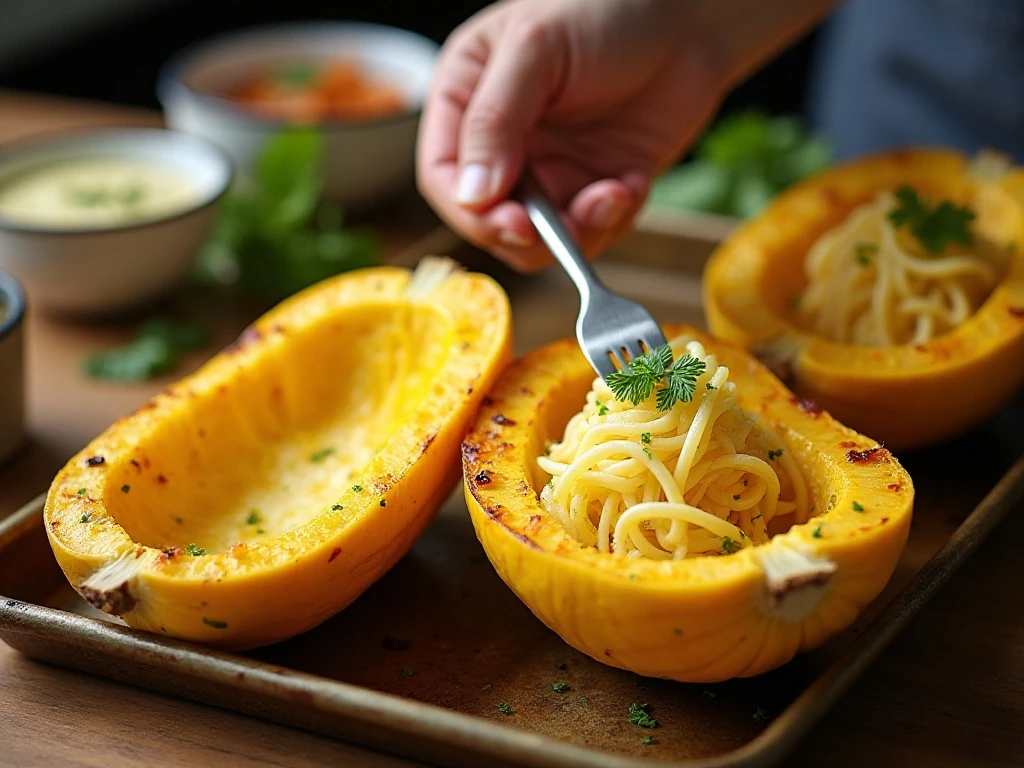 Roasted spaghetti squash being scraped into strands