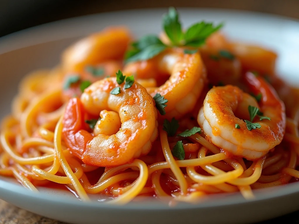 Close-up of reheated creamy tomato shrimp and spaghetti squash