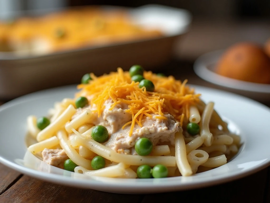 Creamy turkey casserole served with egg noodles, peas, cheddar, and golden breadcrumbs