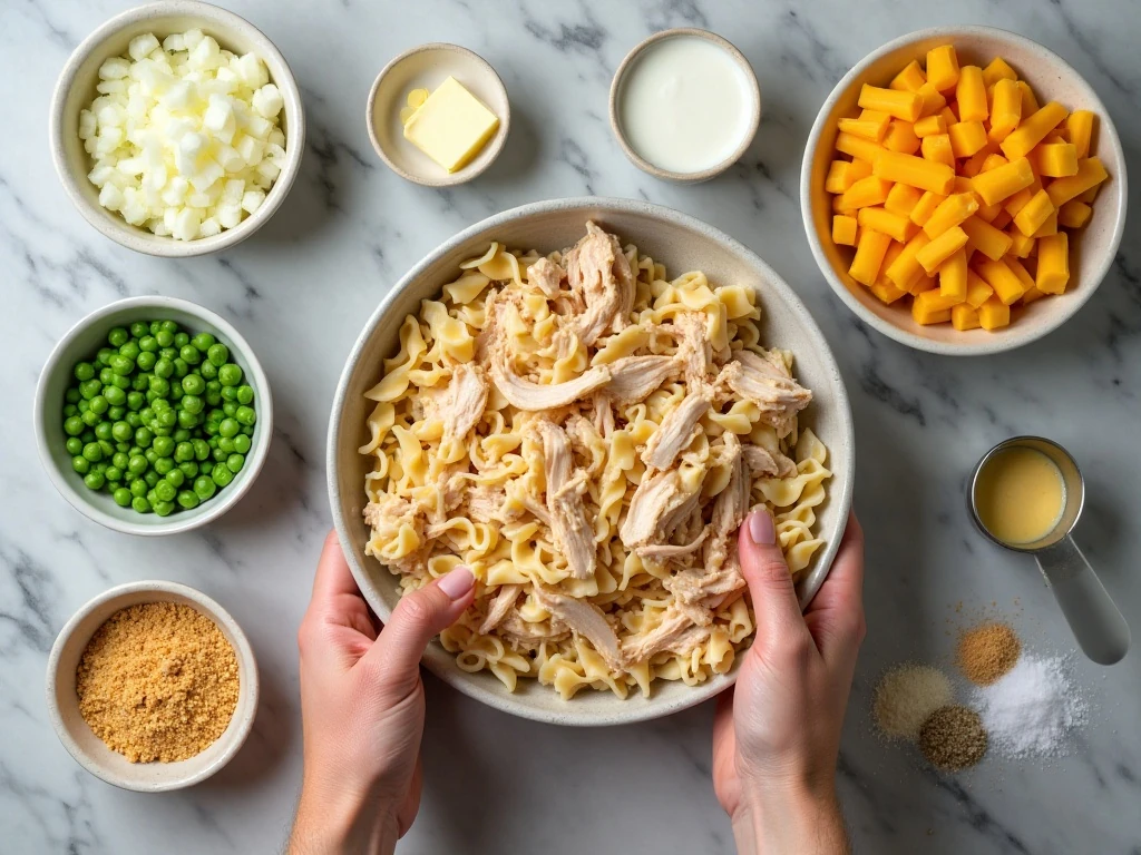 Ingredients for creamy turkey casserole arranged for cooking