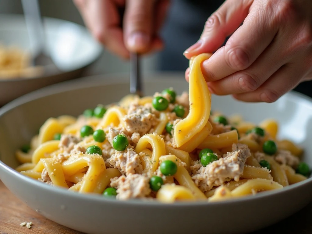 Mixing turkey, noodles, vegetables, and creamy sauce for casserole