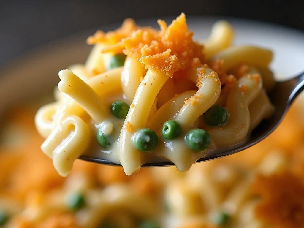 Close-up of creamy turkey casserole texture and crispy topping