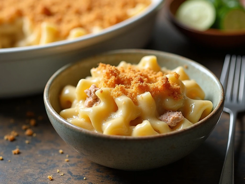 Reheated creamy turkey casserole portion ready to serve