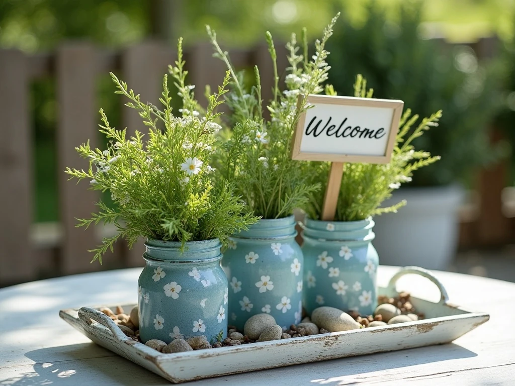 Finished blue and white summer Dollar Tree centerpiece
