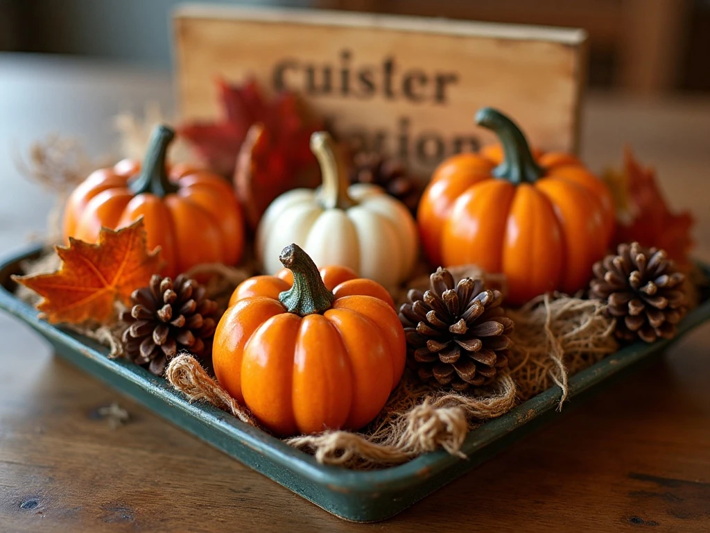 Autumn tray centerpiece made with budget-friendly craft supplies