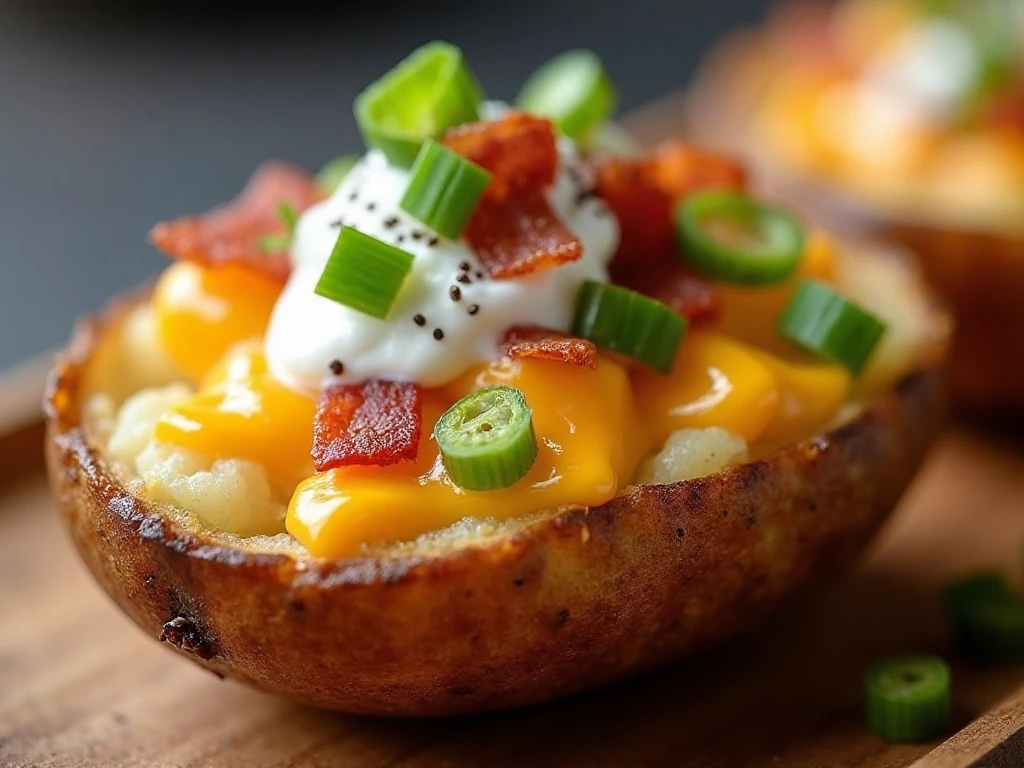 Close-up of a crisp loaded potato skin with fresh toppings