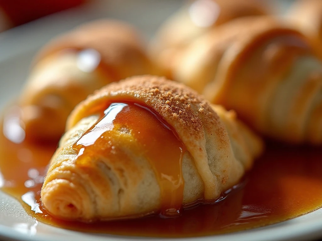 Close-up of bubbling syrup and golden apple dumpling crust