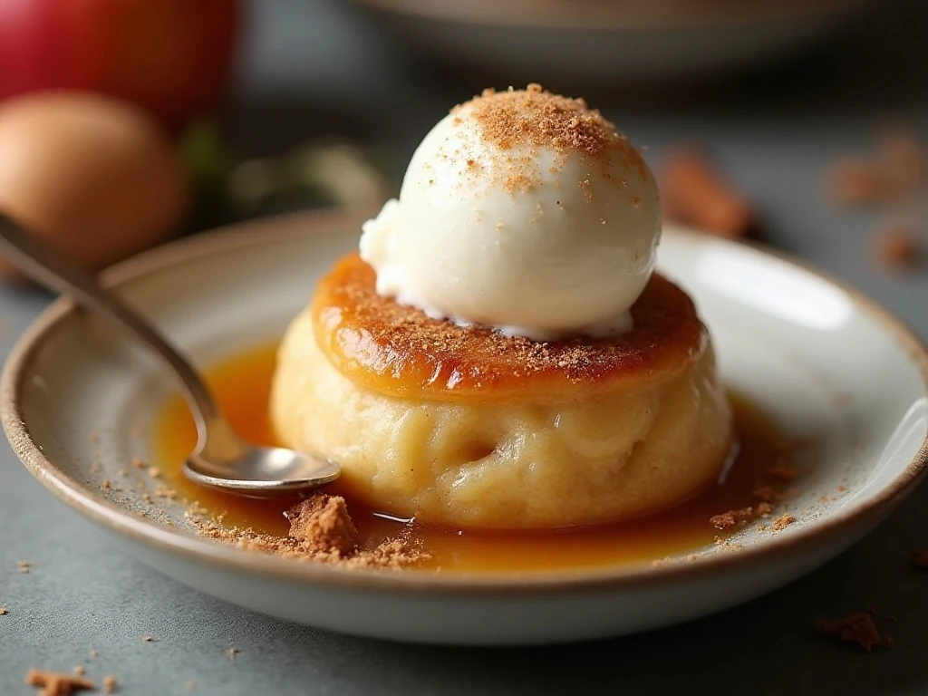 Warm apple dumpling served with vanilla ice cream