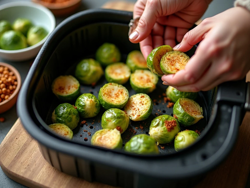 Brussels sprouts arranged cut-side down in an Air Fryer basket