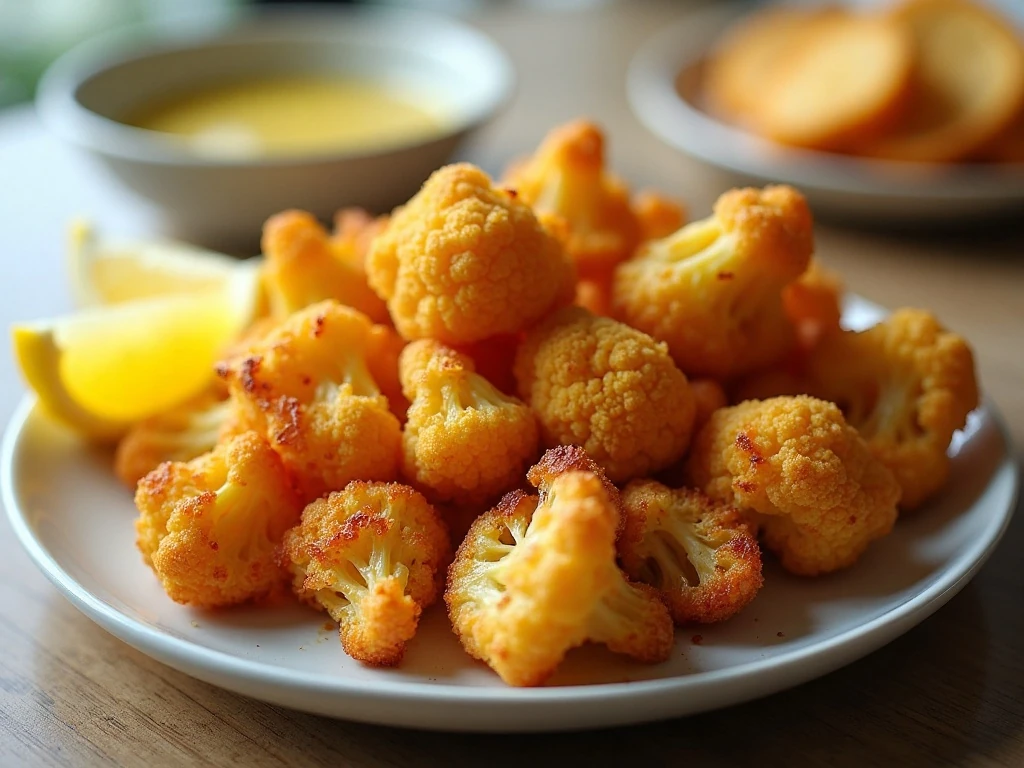 Crispy browned air fryer cauliflower served with lemon wedges