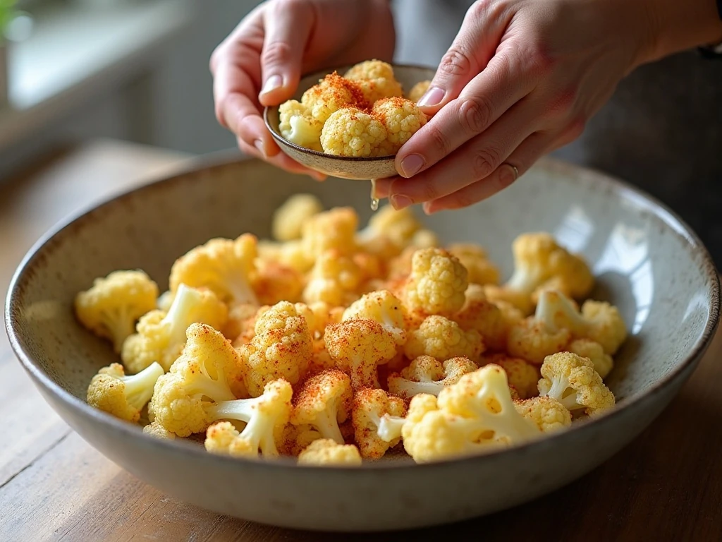 Seasoning cauliflower florets before air frying
