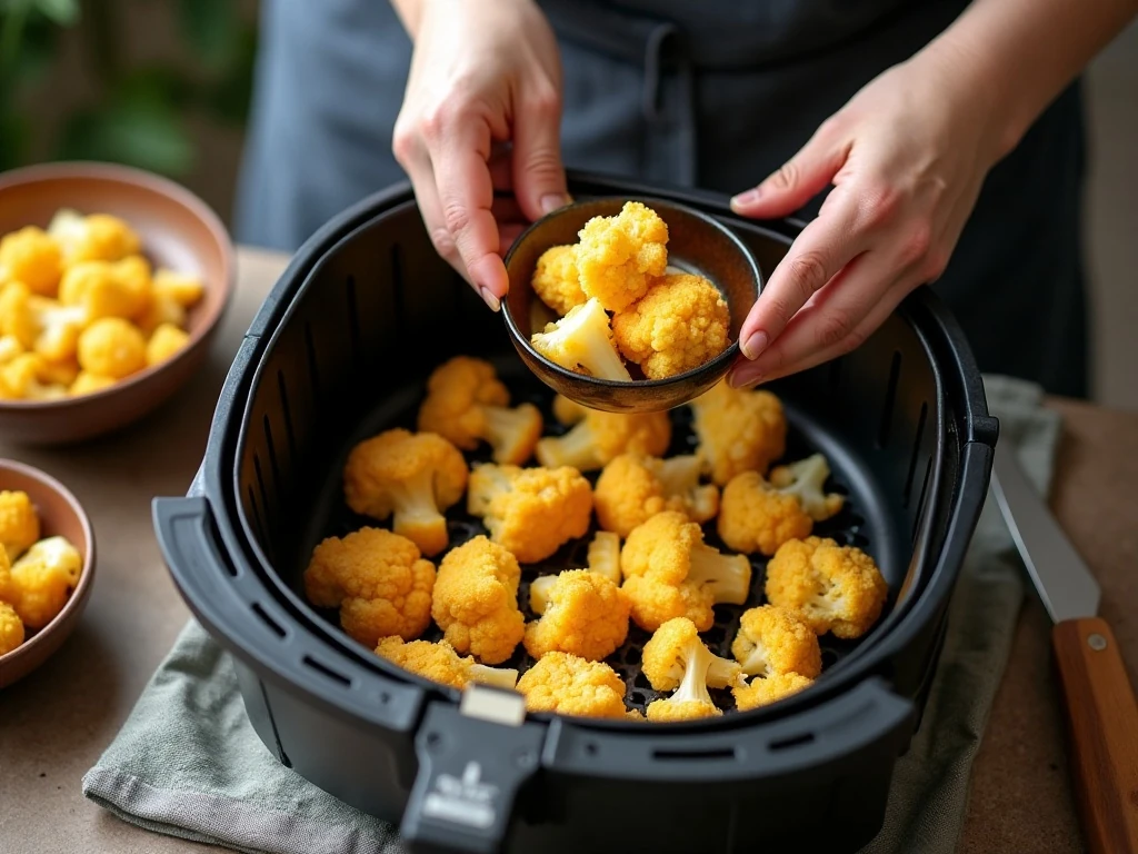 Cauliflower arranged in a single layer in an air fryer basket