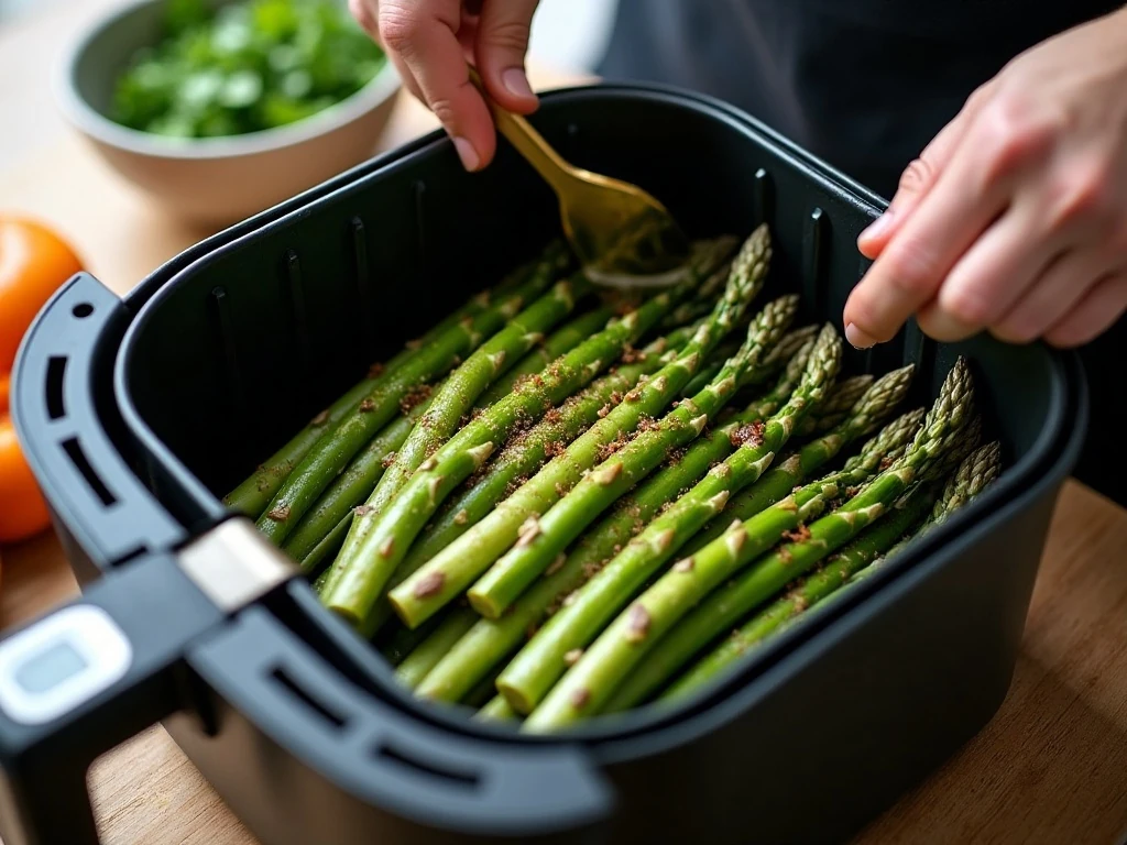 Seasoned asparagus arranged in an air fryer basket