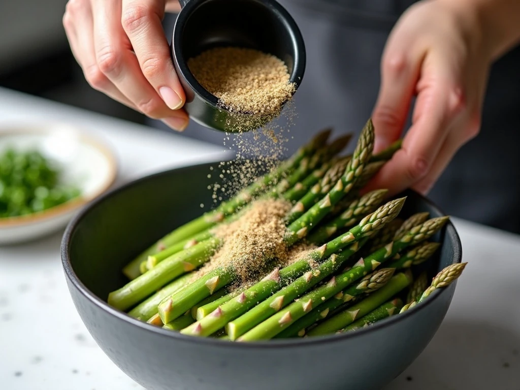 Asparagus being seasoned before air frying