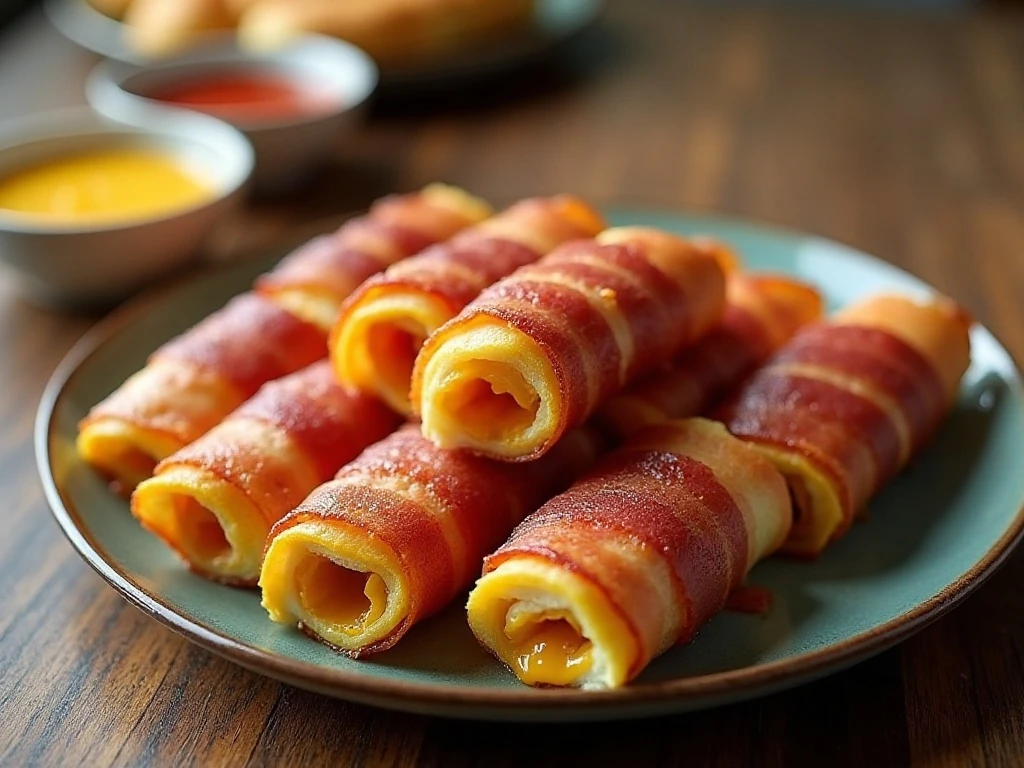 Crispy bacon grilled cheese roll-ups served with dipping sauce