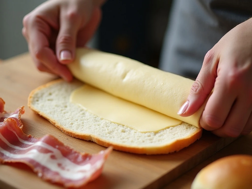 Rolling bread and cheese before wrapping with bacon
