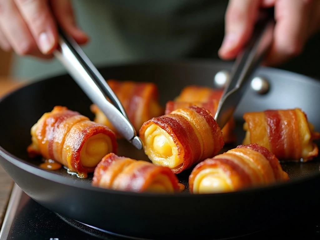 Bacon grilled cheese roll-ups browning in a skillet