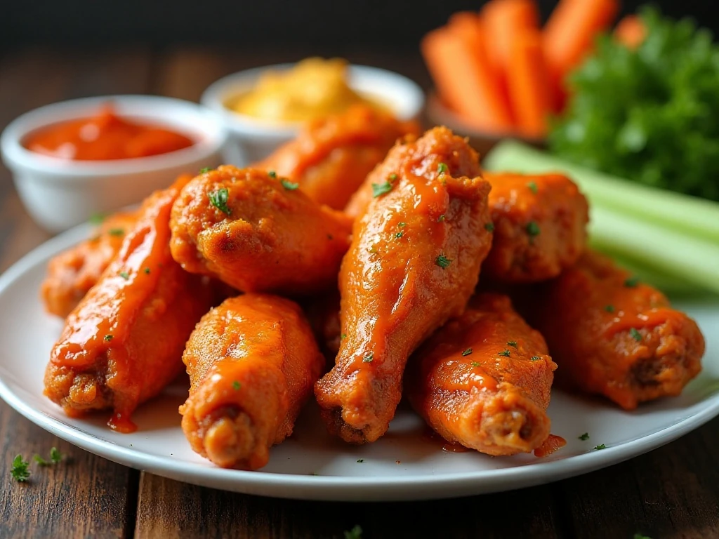 Crispy baked Buffalo chicken wings served with vegetables and dipping sauce