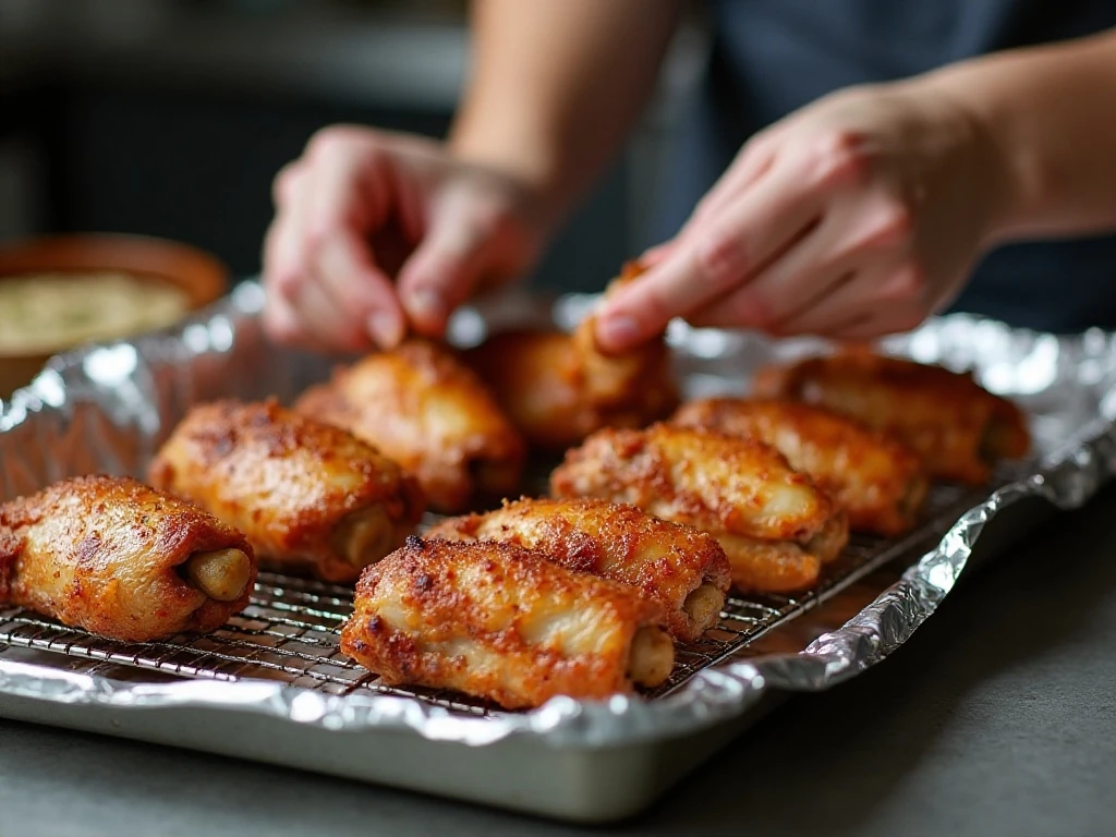 Seasoned chicken wings arranged on a wire rack before baking