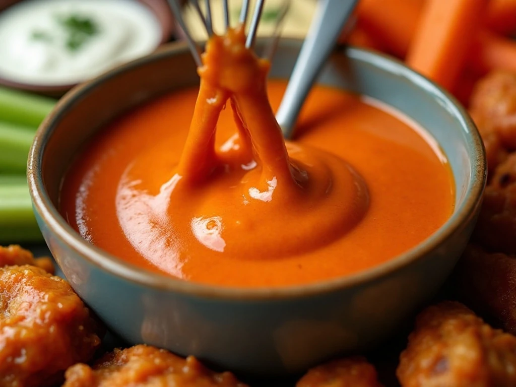 Buffalo sauce and dipping accompaniments for baked chicken wings