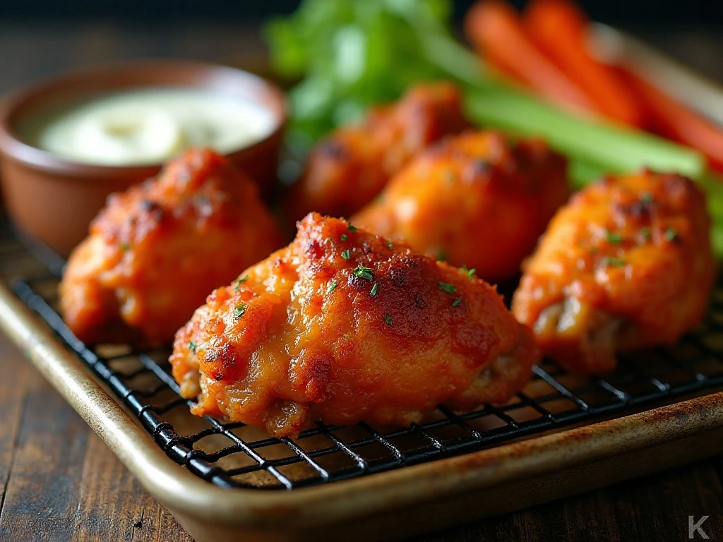 Reheated crispy Buffalo wings ready to serve