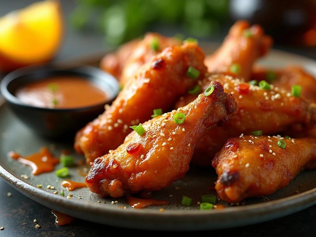 Crispy baked orange chicken wings arranged on a serving platter