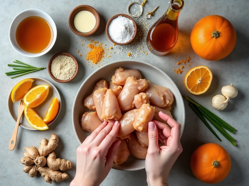Ingredients for crispy baked orange chicken wings and orange sauce
