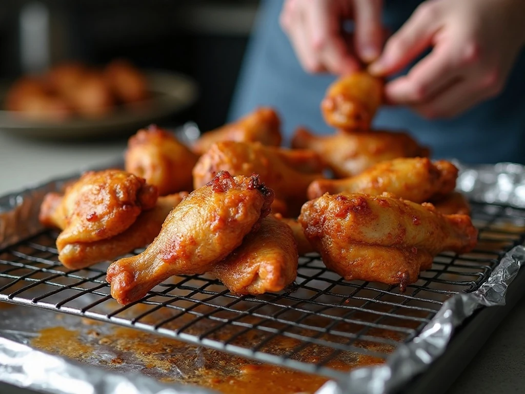 Golden baked chicken wings cooling on a raised wire rack