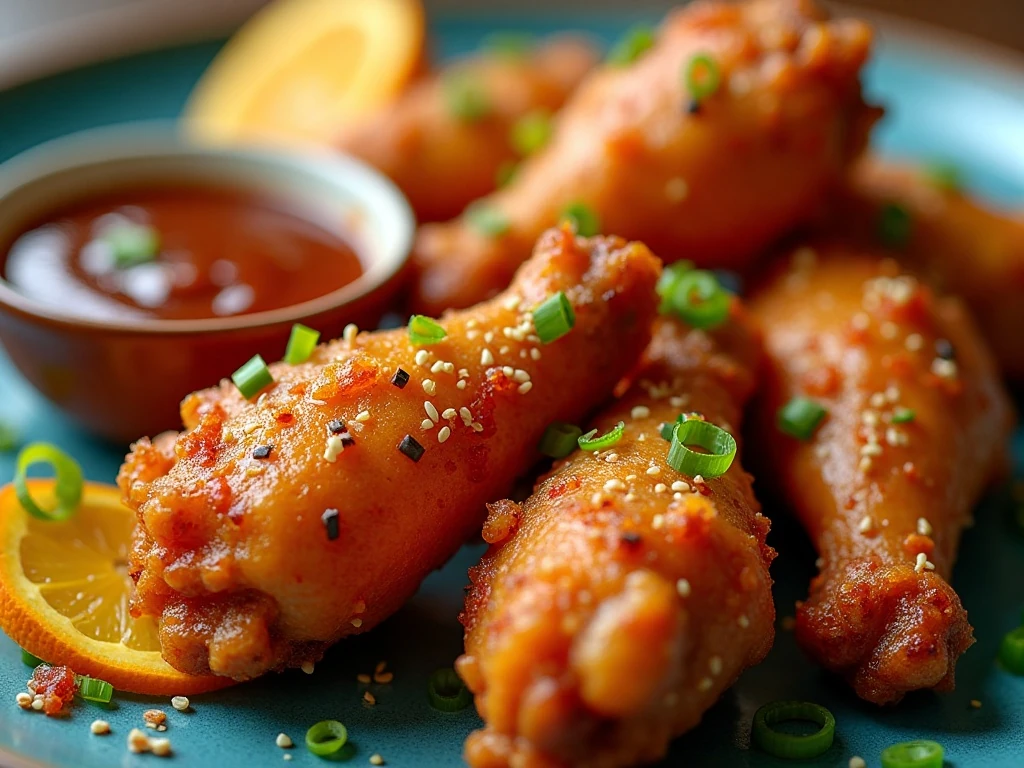 Orange chicken wings garnished with green onions and sesame seeds