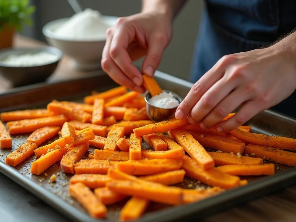 Sweet-potato fries arranged on a baking sheet before baking