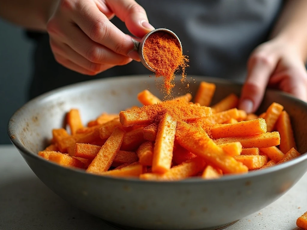 Dry sweet-potato fries coated with cornstarch and seasoning