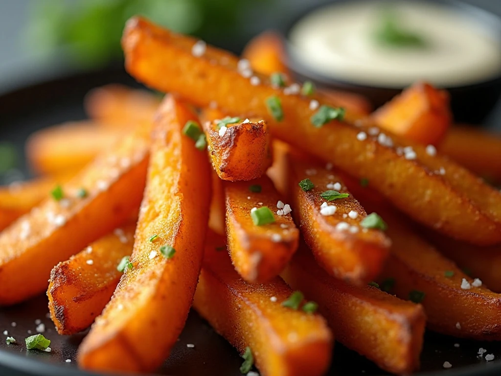 Seasoned crispy sweet-potato fries ready to serve